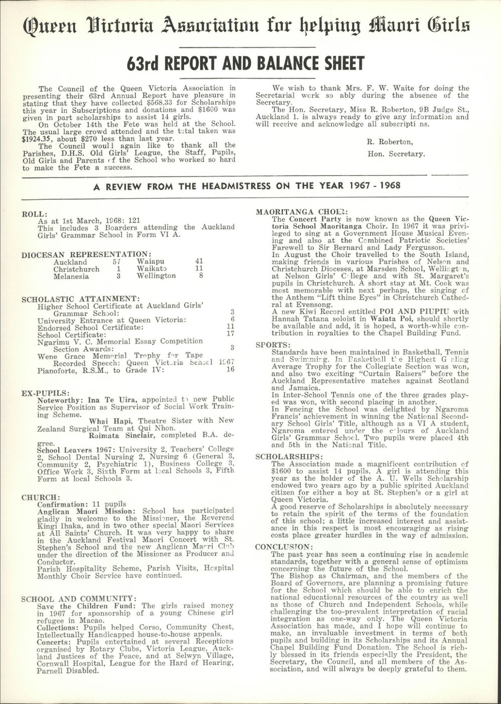 Queen Victoria Association Report 1968