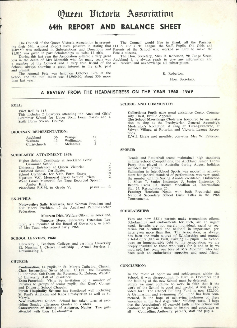 Queen Victoria Association Report 1969