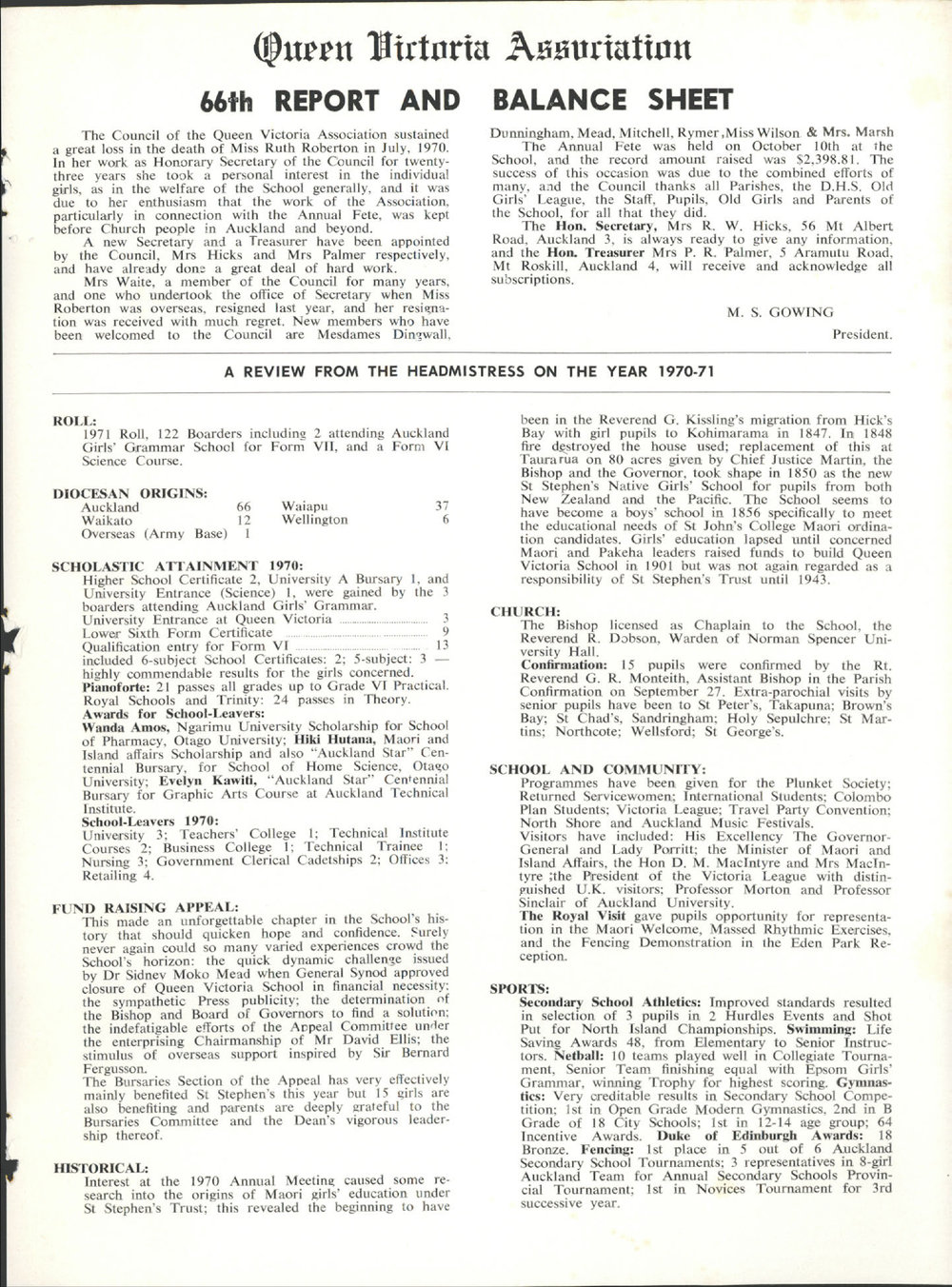 Queen Victoria Association Report 1971