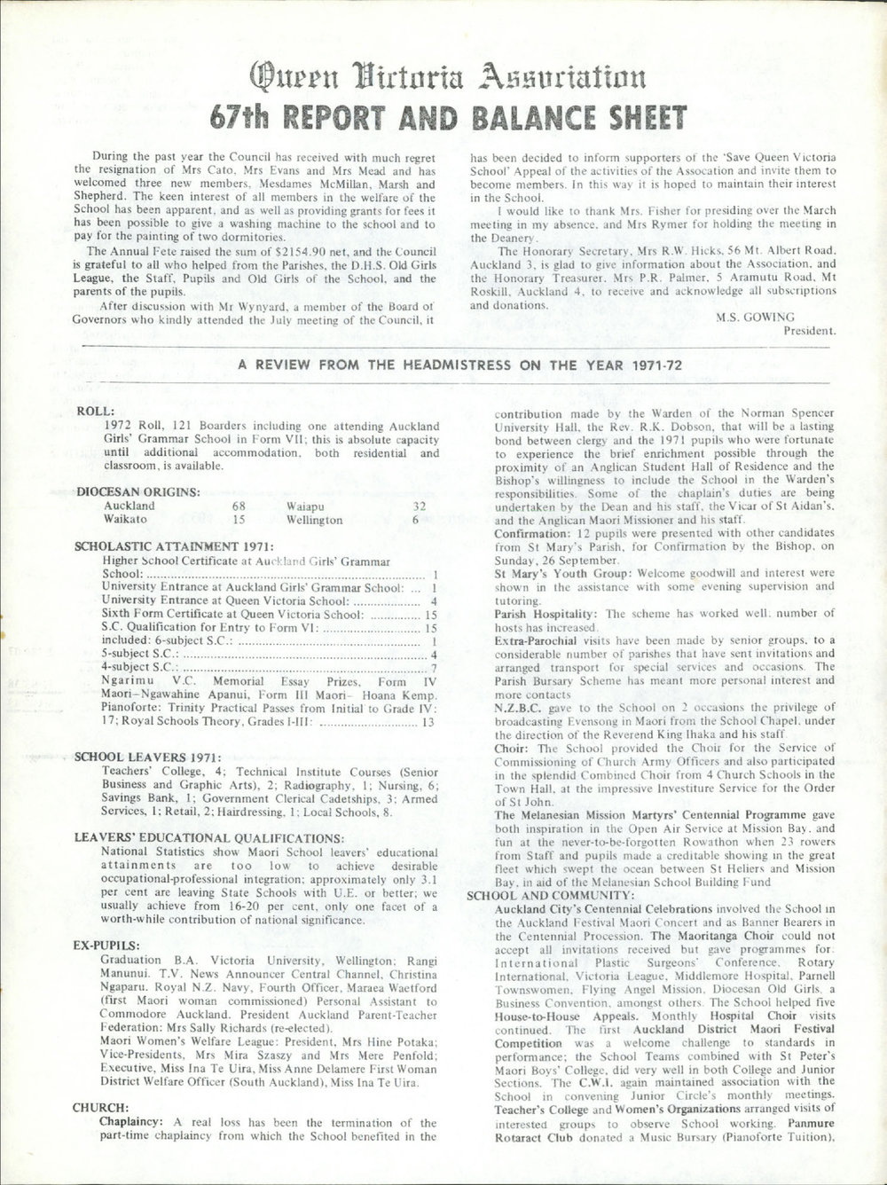 Queen Victoria Association Report 1972
