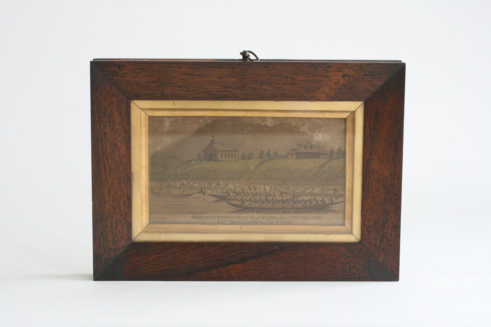 Framed drawing of Wesleyan Mission station at Waingaroa