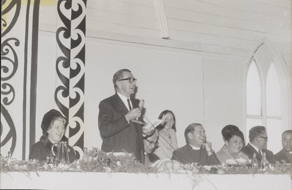 Honorable W J Scott speaking at the dedication of Holy Sepulchre Church as the Auckland Anglican Maori Mission church