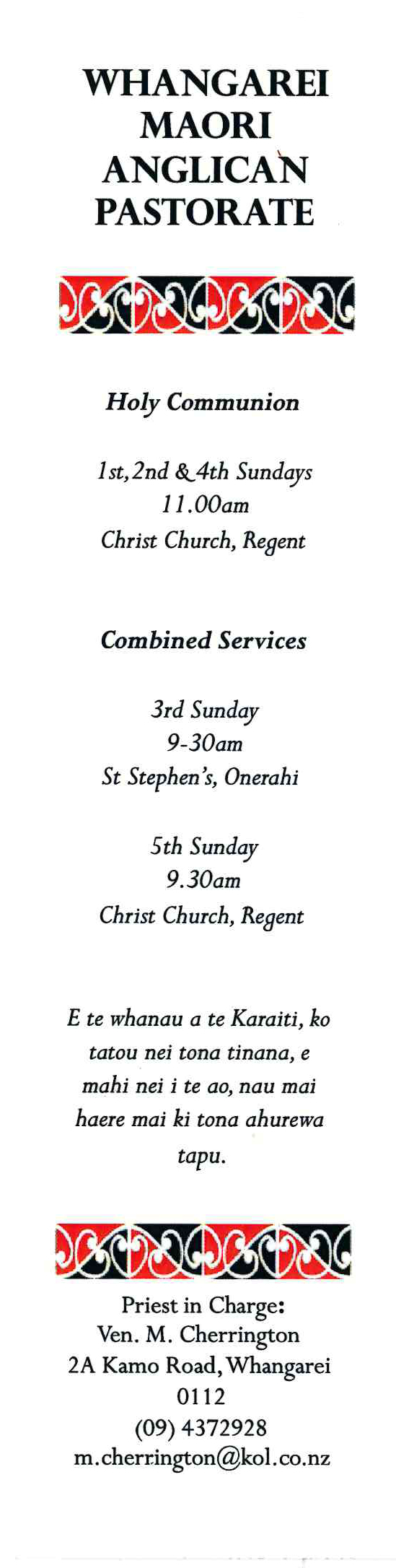 Whangarei Maori Anglican Pastorate Bookmark
