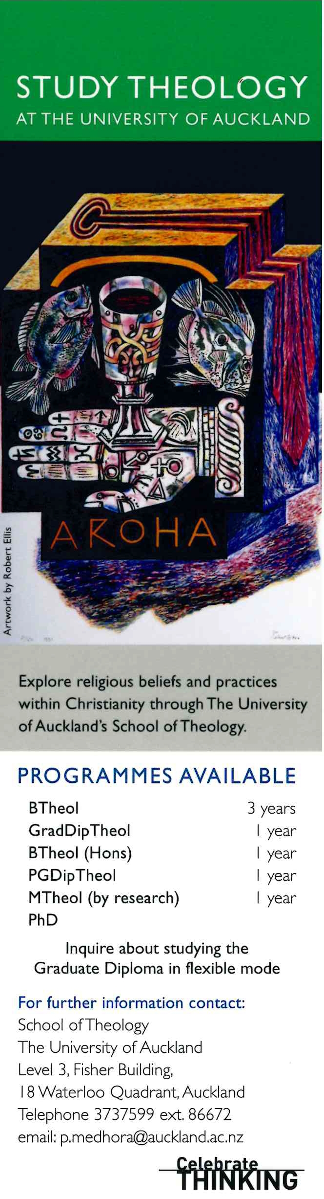 University of Auckland School of Theology Bookmark
