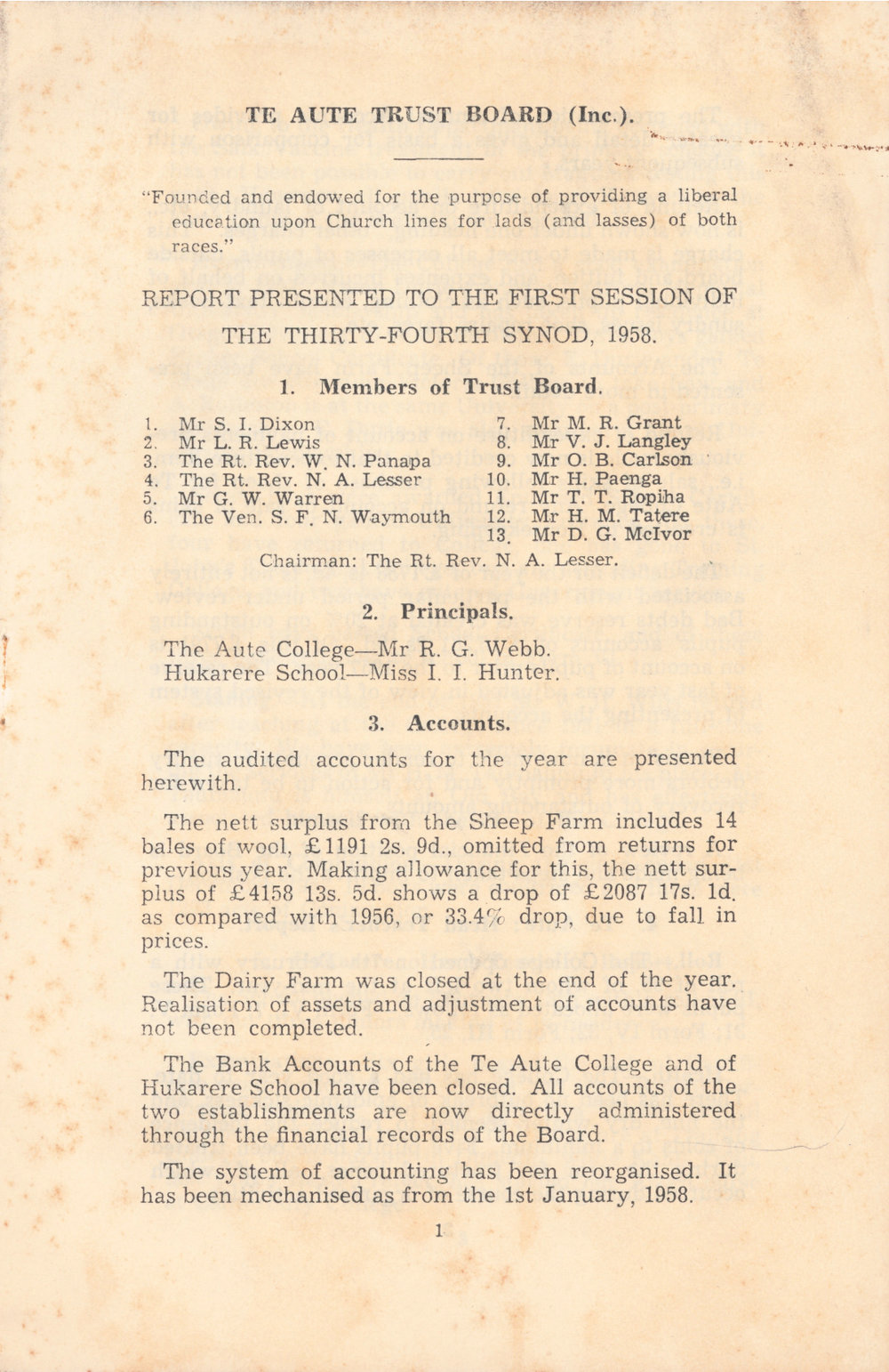 Te Aute Trust Board Annual Report 1958