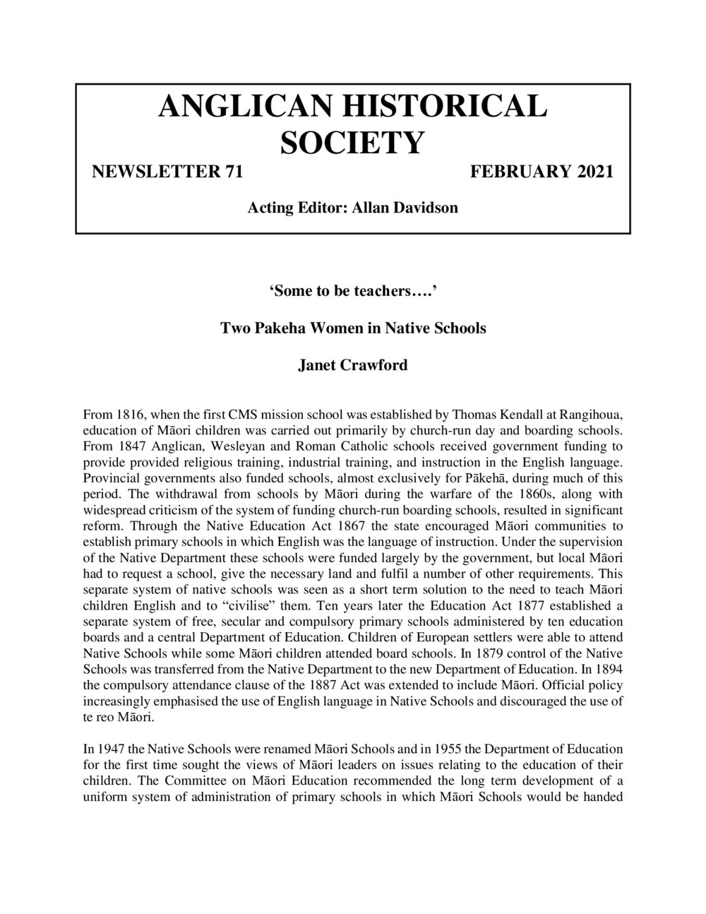 Anglican Historical Society February 2021 - Newsletter 71