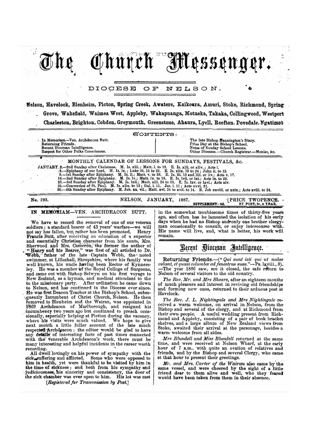 New Zealand Church Messenger, Nelson: January 1887