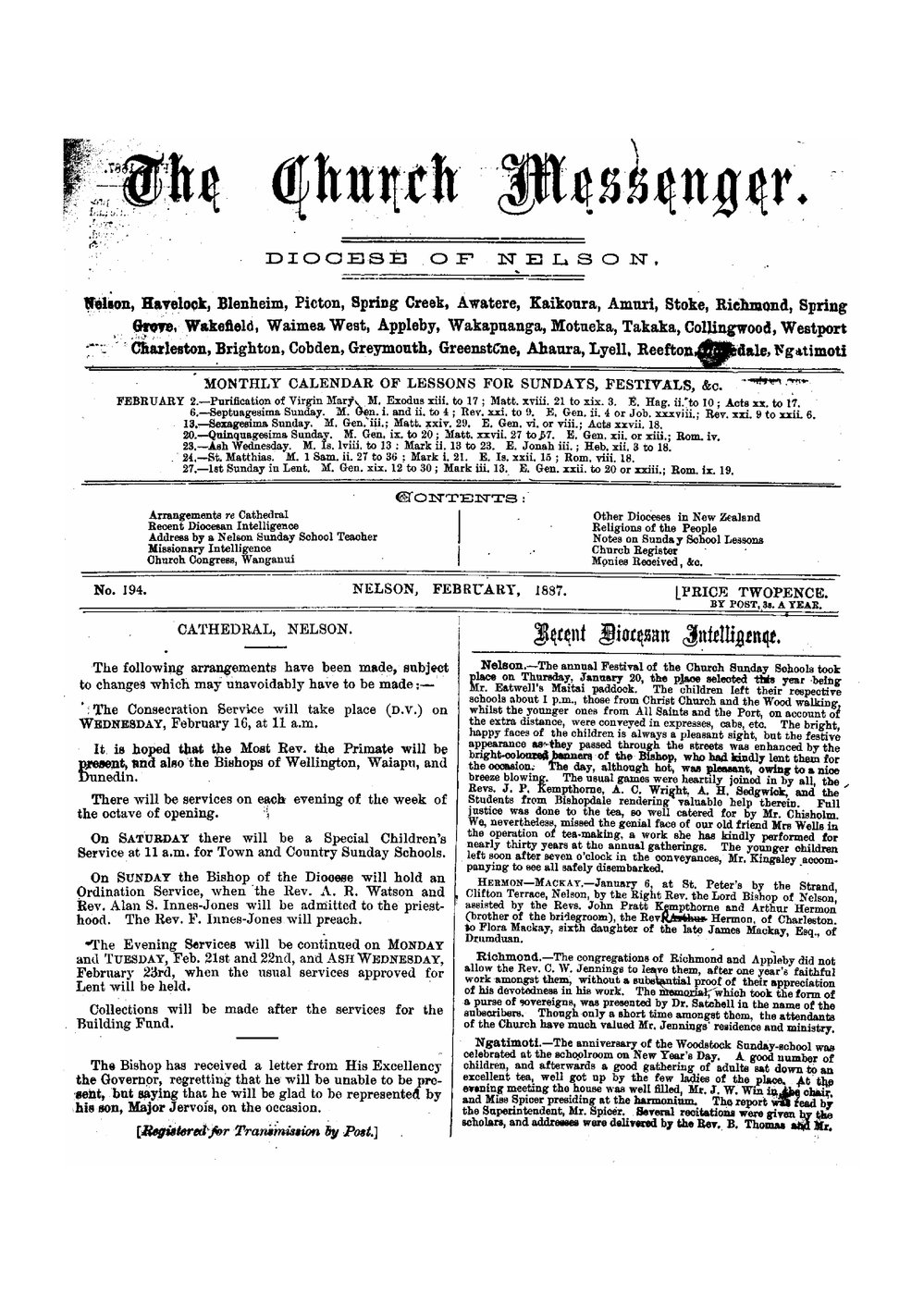 New Zealand Church Messenger, Nelson: February 1887