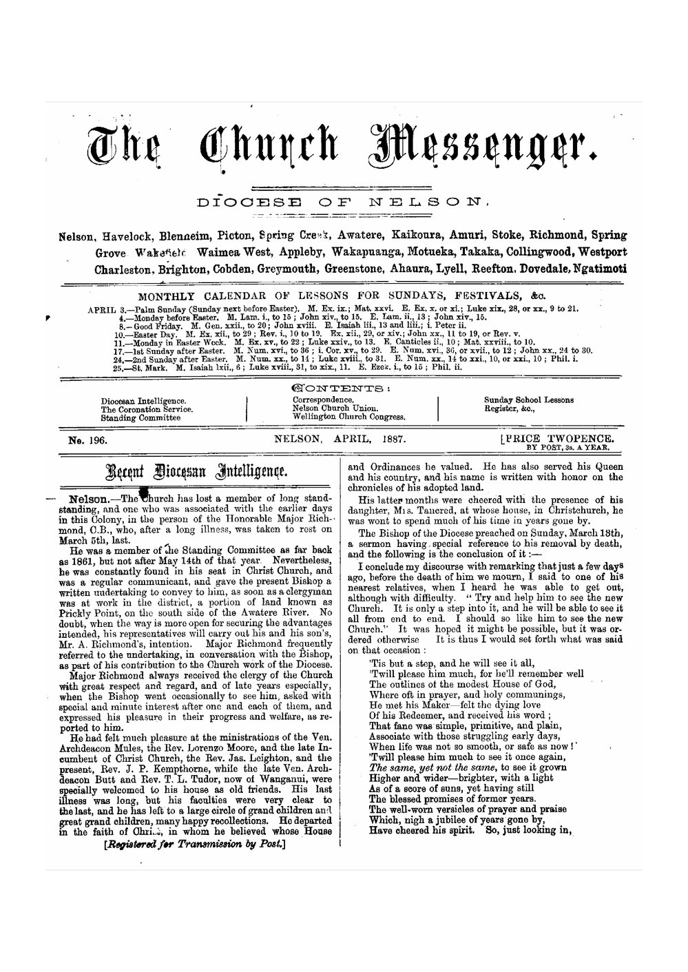 New Zealand Church Messenger, Nelson: April 1887