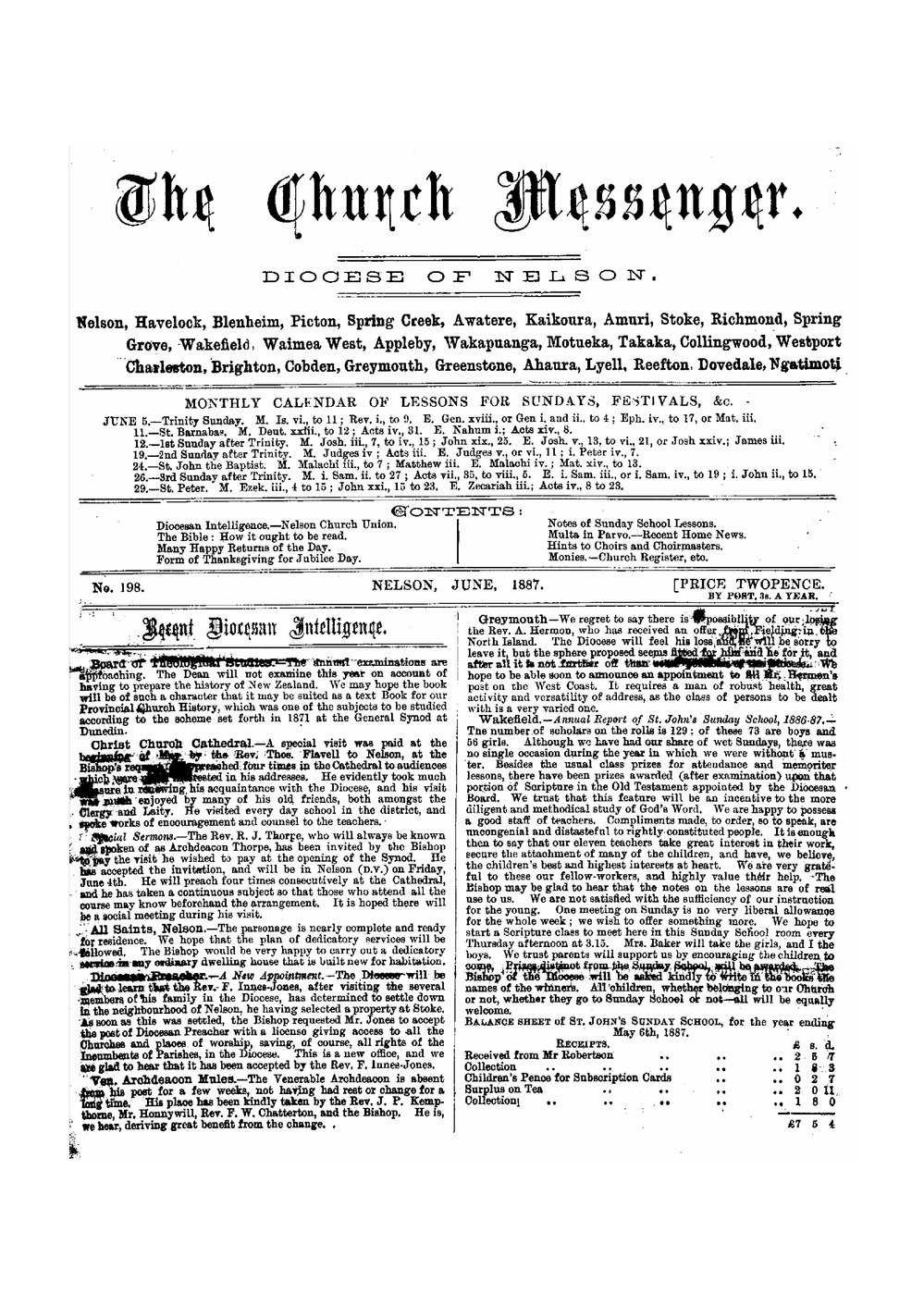 New Zealand Church Messenger, Nelson: June 1887