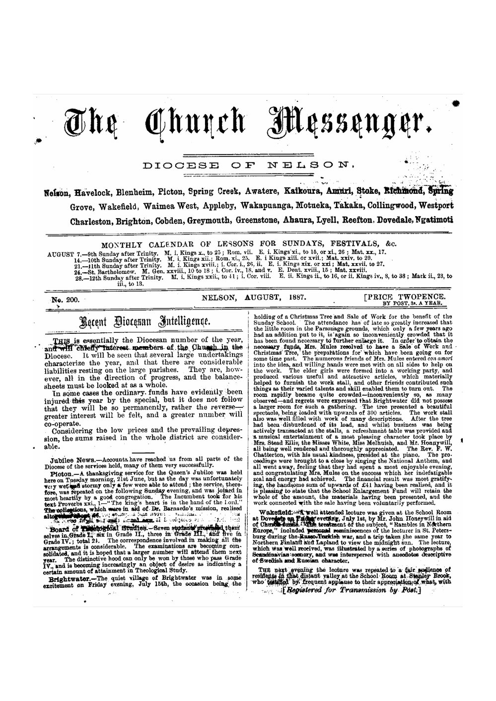New Zealand Church Messenger, Nelson: August 1887