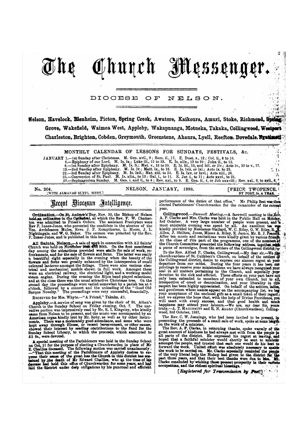 New Zealand Church Messenger, Nelson: January 1888