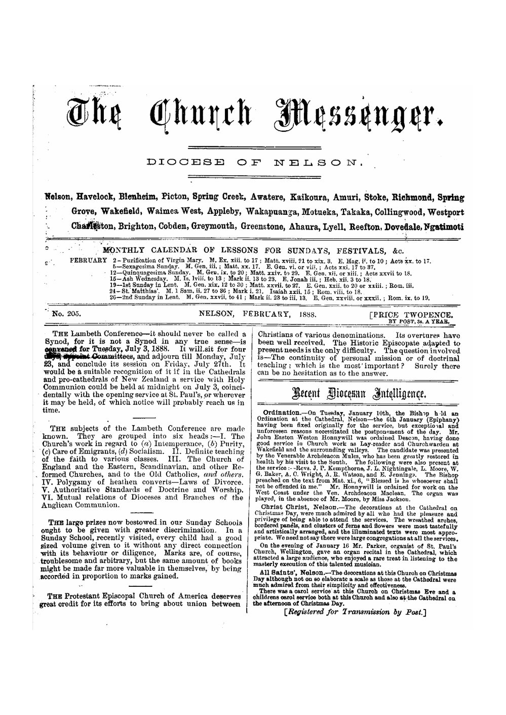 New Zealand Church Messenger, Nelson: February 1888