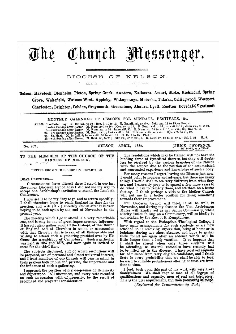 New Zealand Church Messenger, Nelson: April 1888
