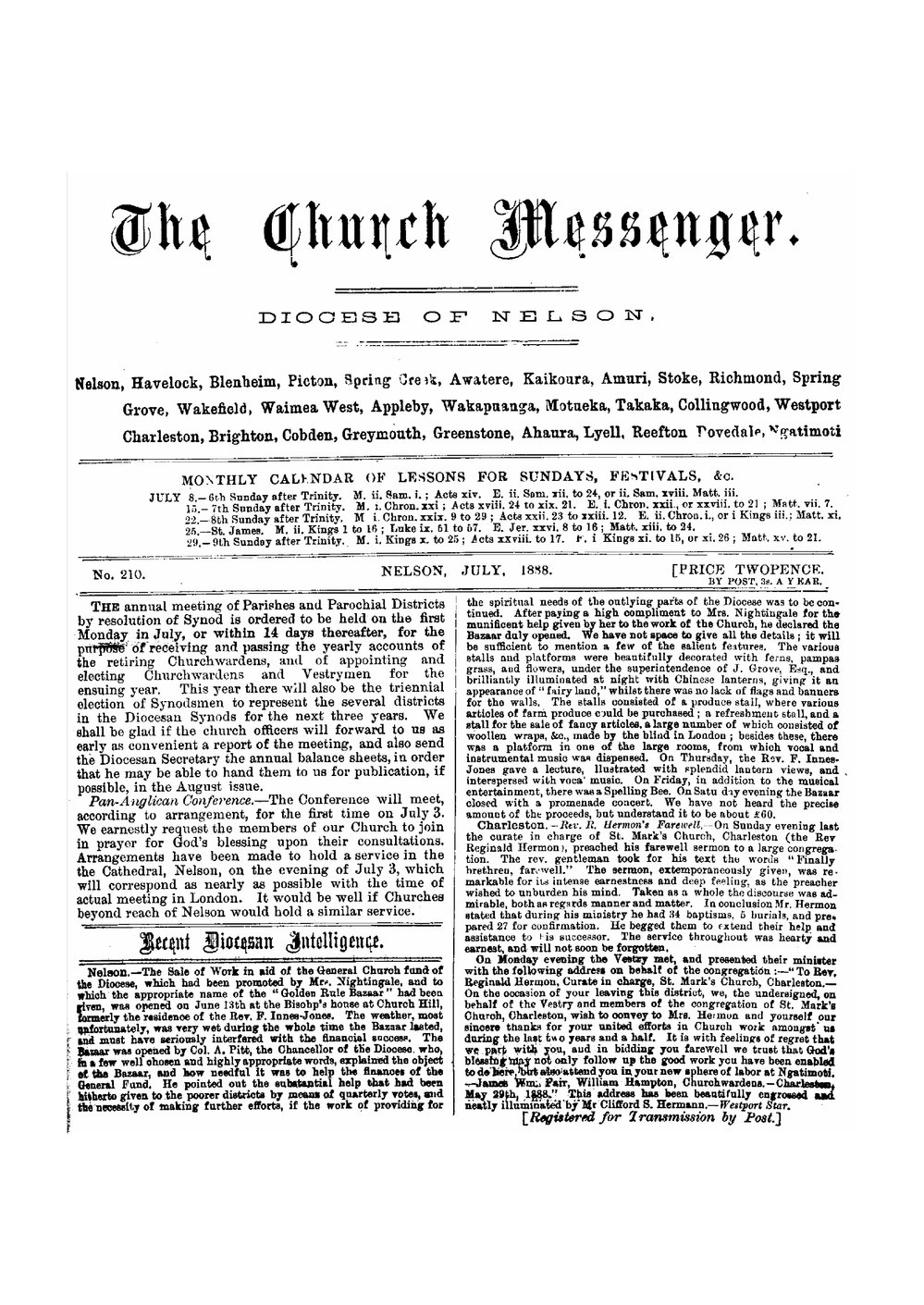 New Zealand Church Messenger, Nelson: July 1888