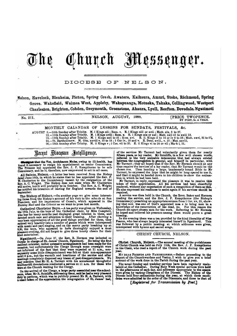 New Zealand Church Messenger, Nelson: August 1888