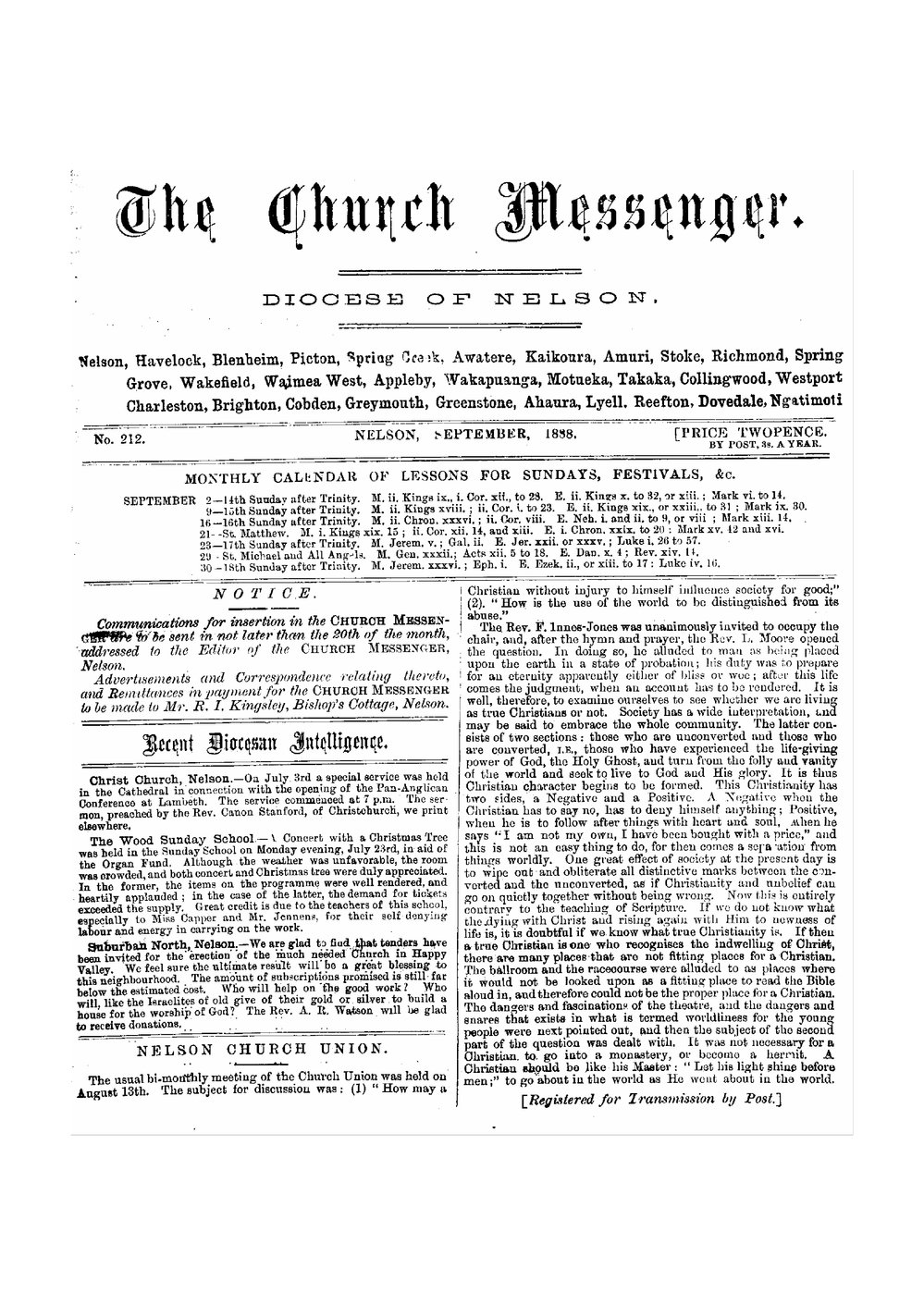 New Zealand Church Messenger, Nelson: September 1888