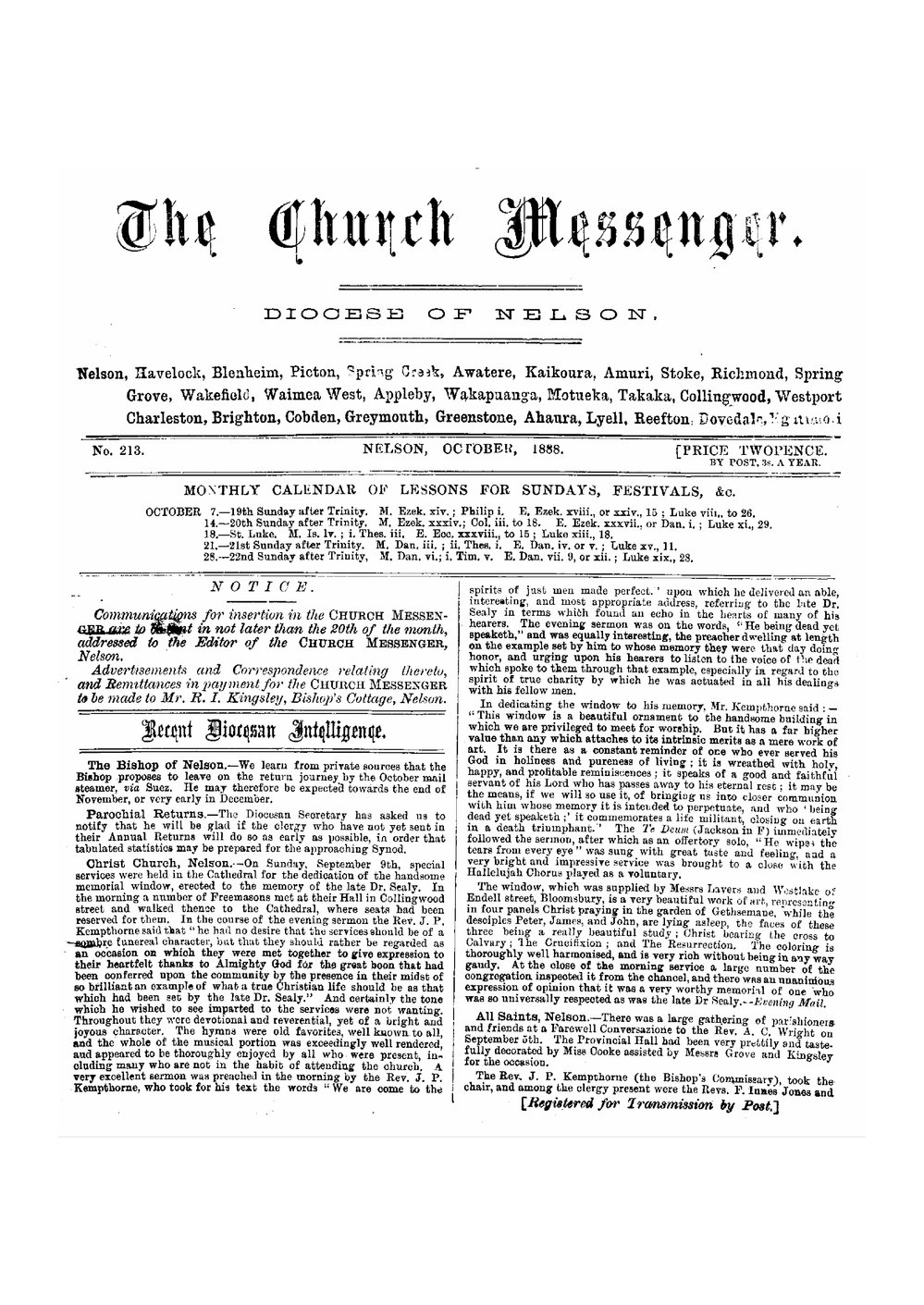 New Zealand Church Messenger, Nelson: October 1888