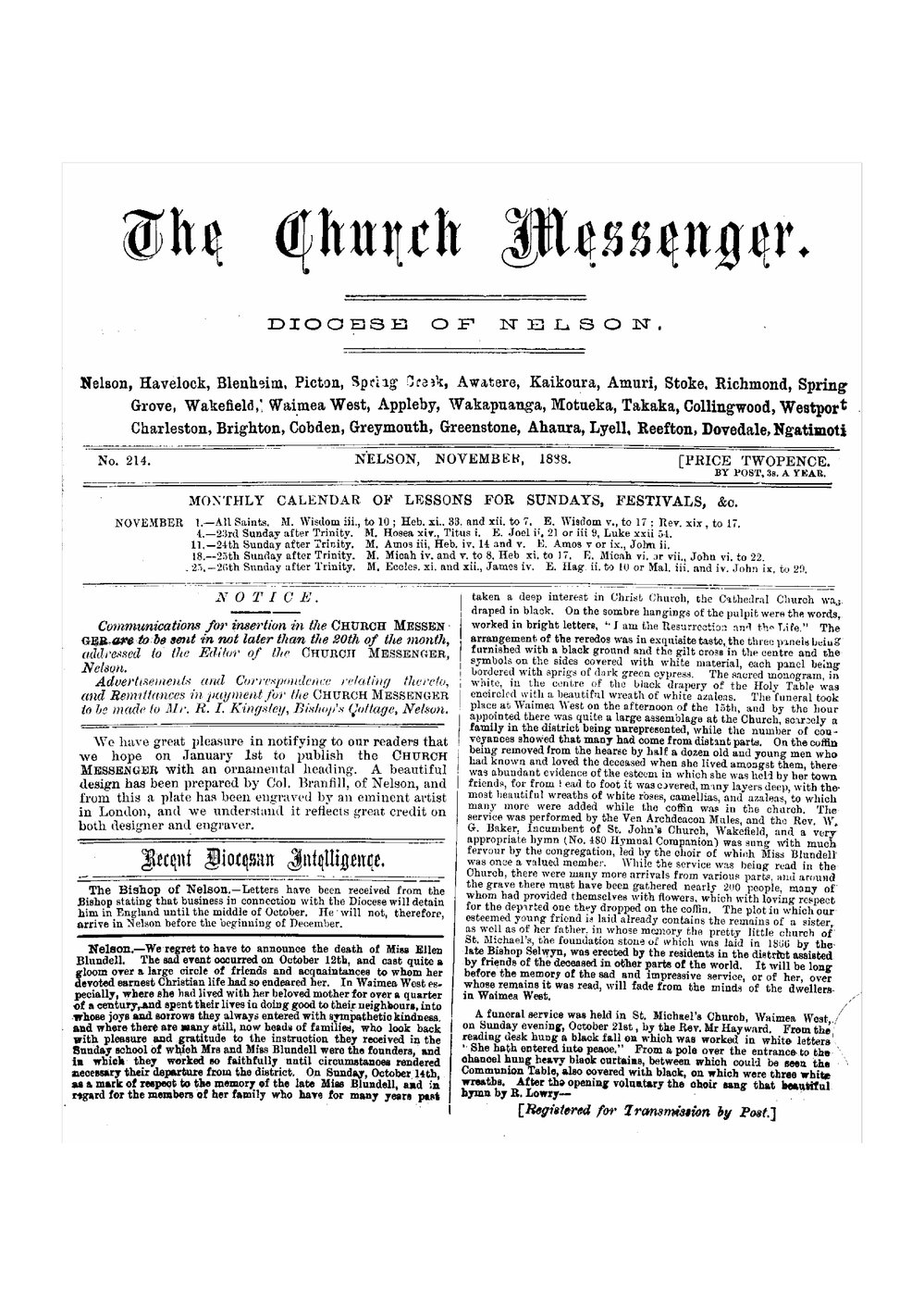 New Zealand Church Messenger, Nelson: November 1888