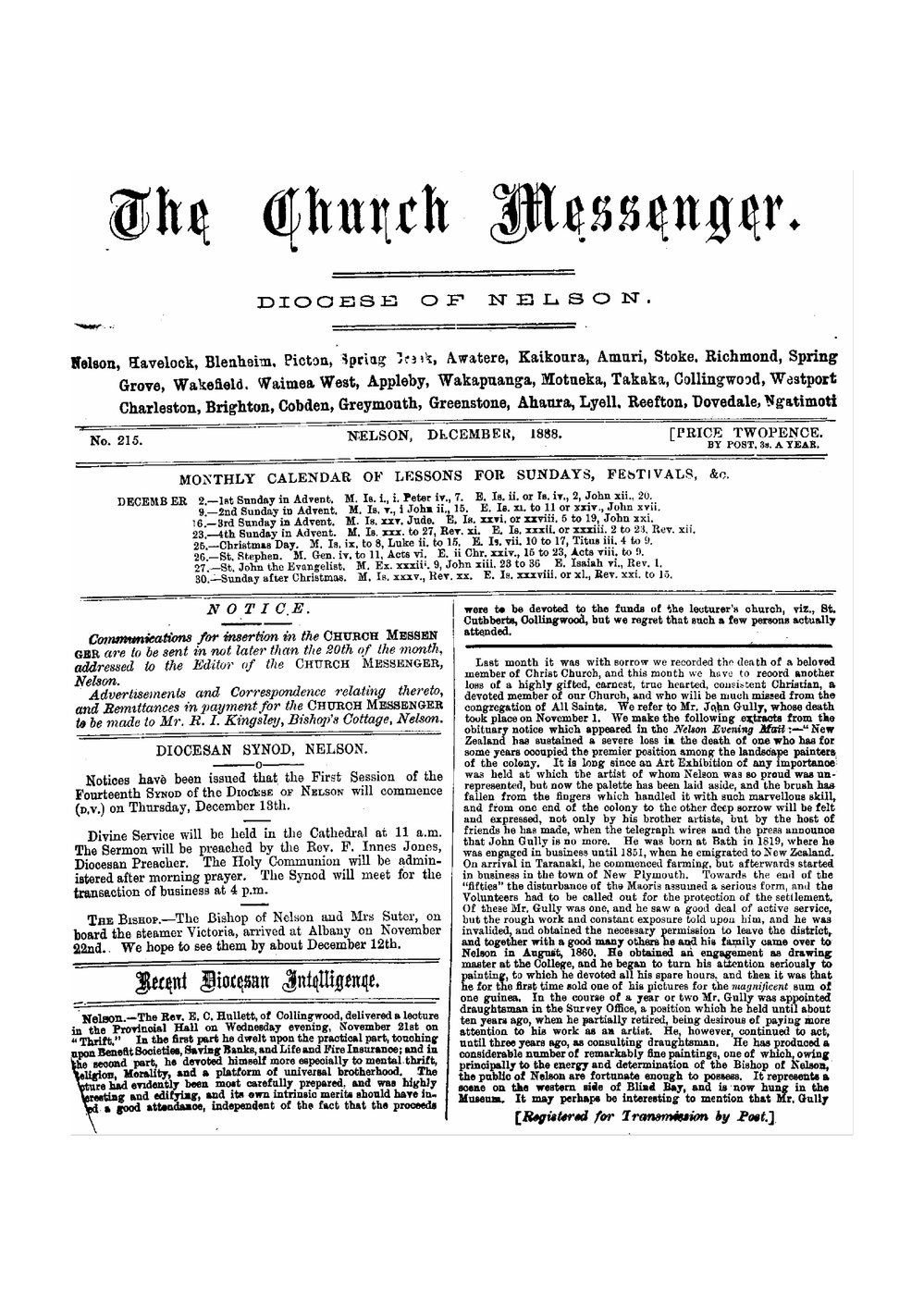 New Zealand Church Messenger, Nelson: December 1888