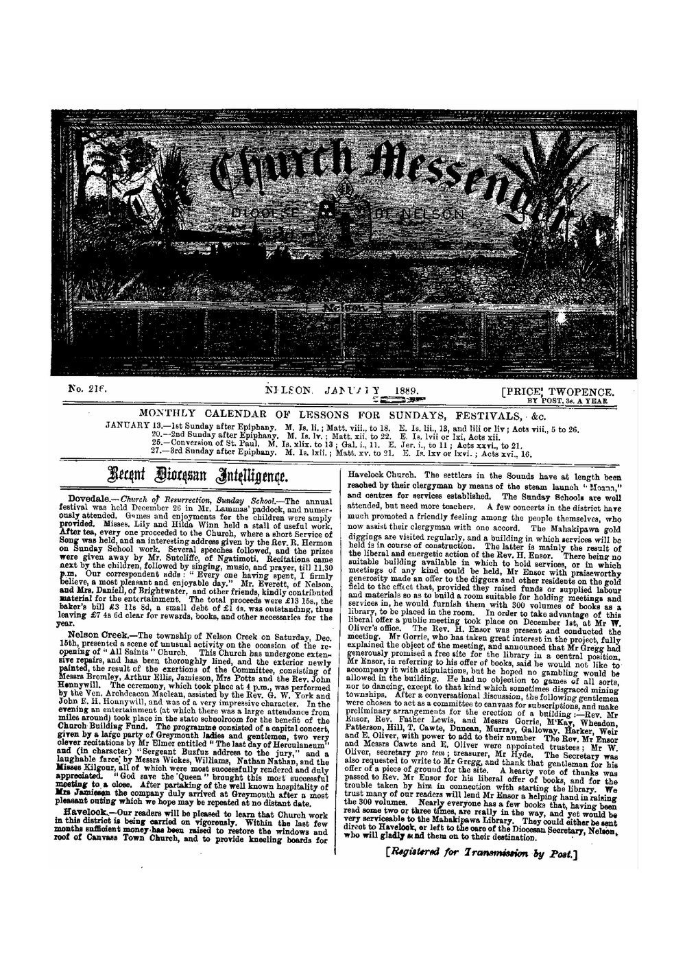 New Zealand Church Messenger, Nelson: January 1889