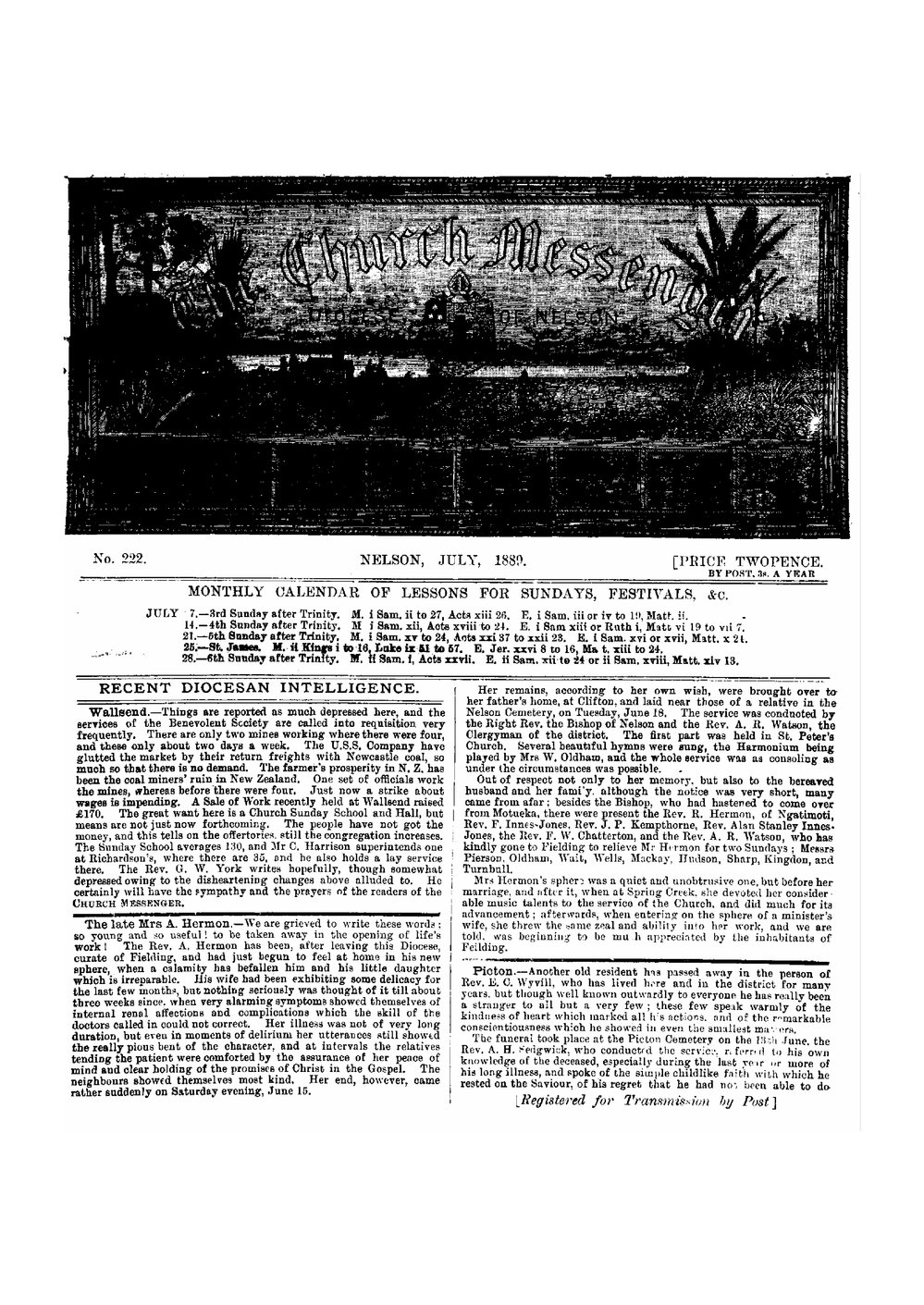 New Zealand Church Messenger, Nelson: July 1889