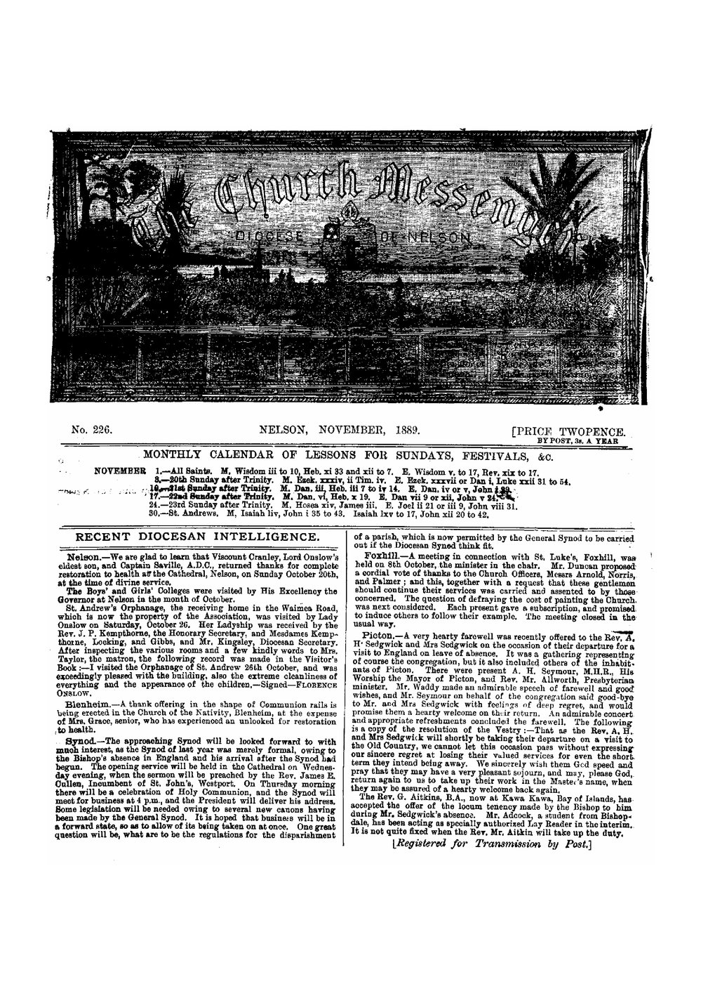 New Zealand Church Messenger, Nelson: November 1889