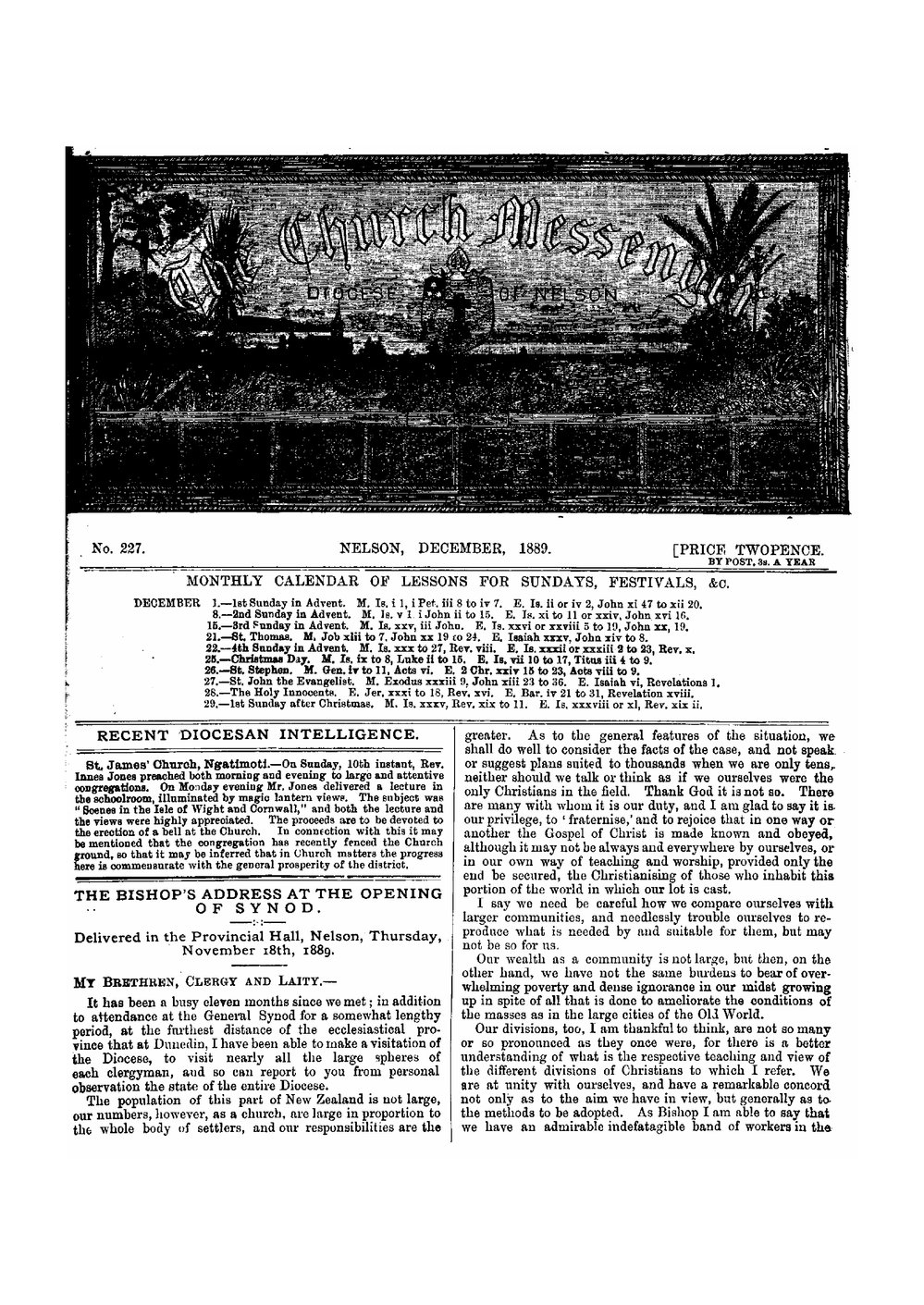 New Zealand Church Messenger, Nelson: December 1889