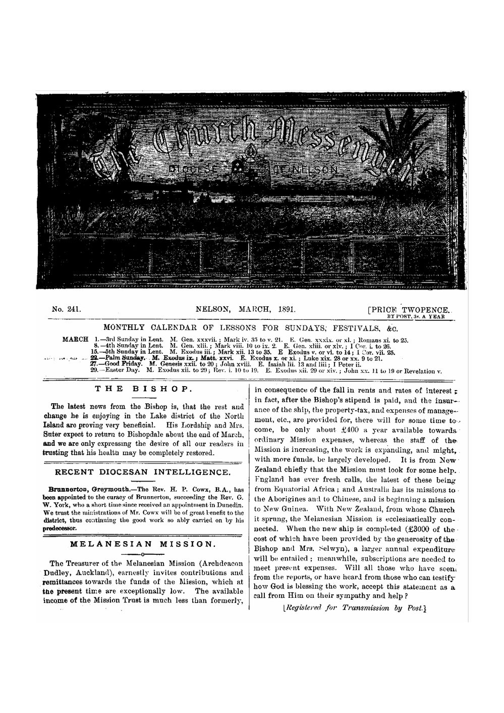 New Zealand Church Messenger, Nelson: March 1891