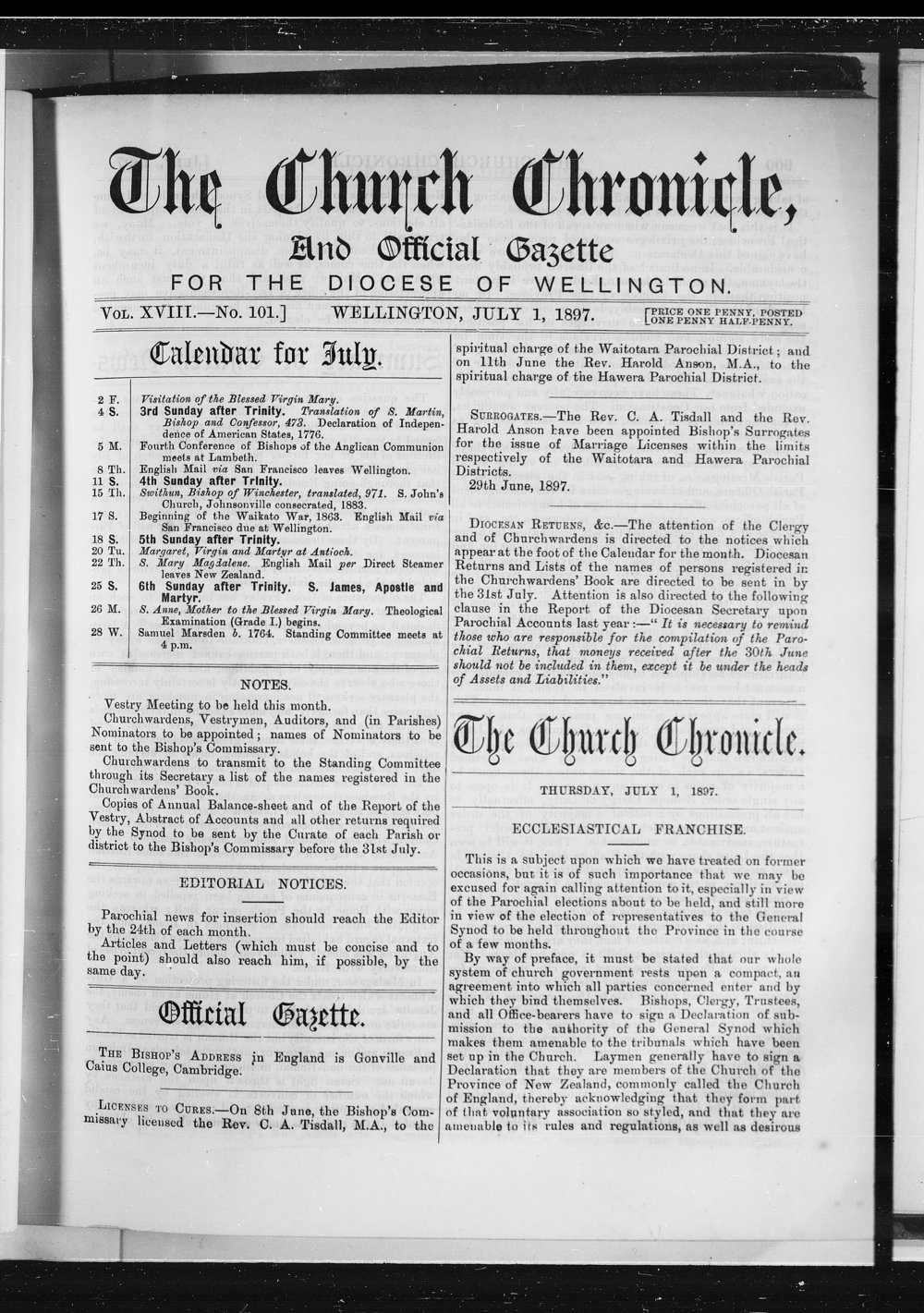 The Church Chronicle, Wellington: 1st July 1897