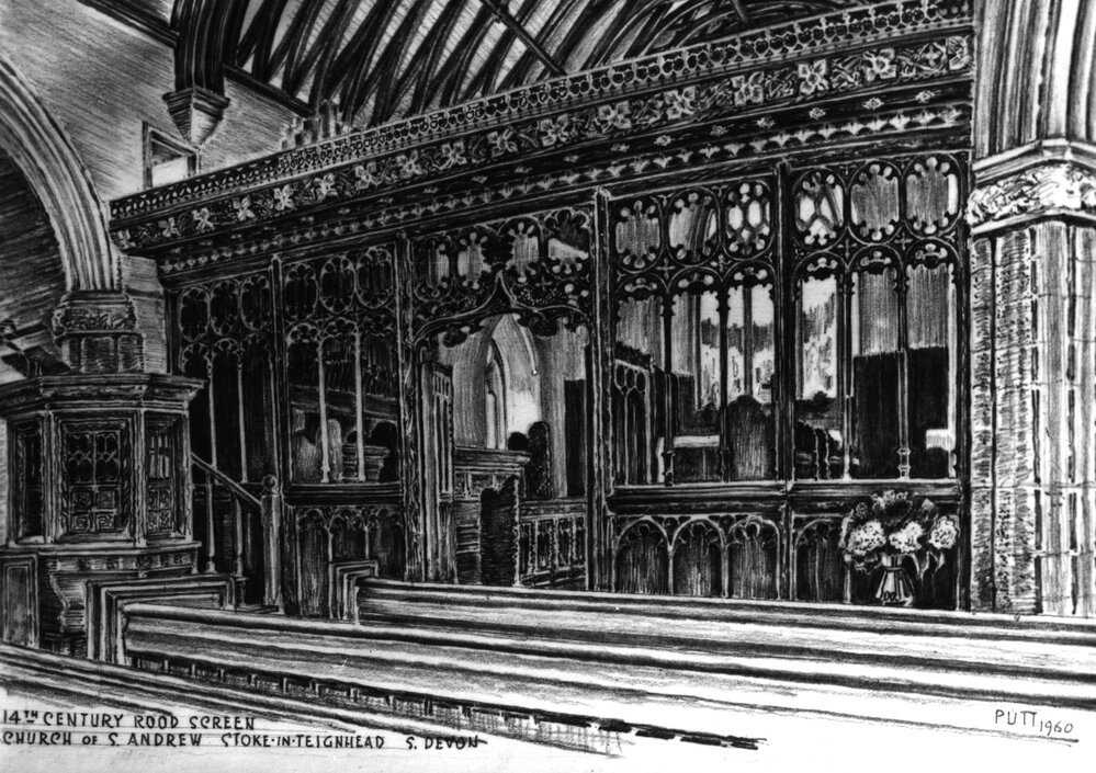 Church of St Andrew, Stoke in Teignhead, East Devon, drawing of 14th century rood screen