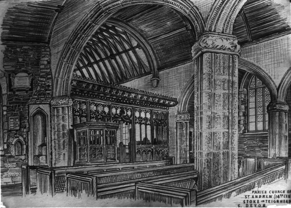 Church of St Andrew, Stoke in Teignhead, East Devon, drawing of interior showing pulpit, rood screen and arches