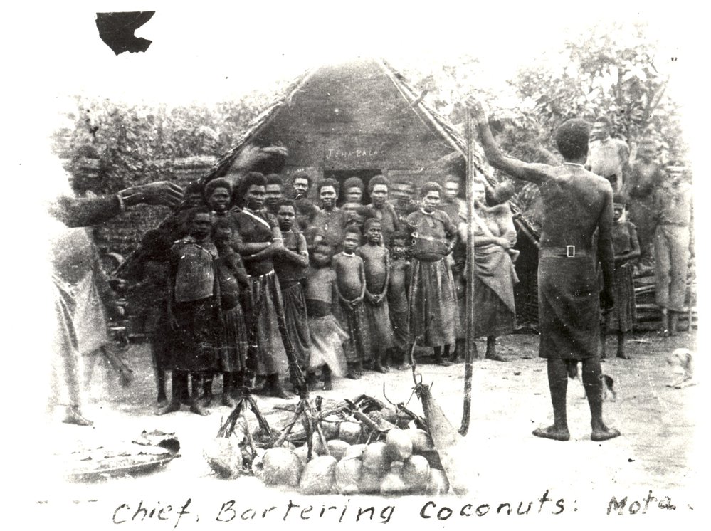 Chief bartering coconuts, Mota