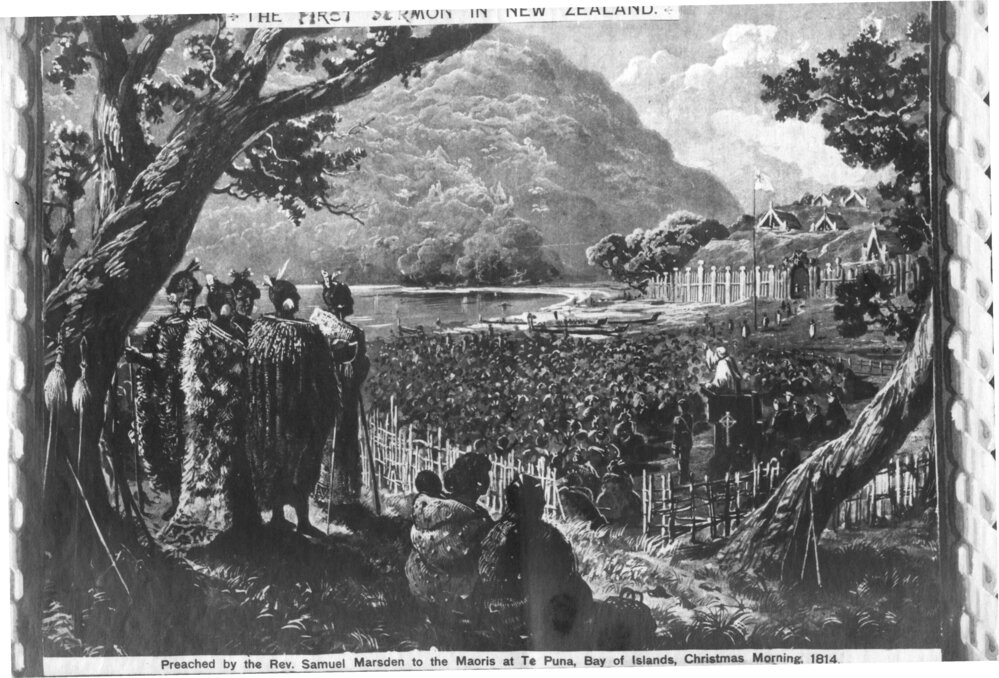 Depiction of Samuel Marsden preaching on Christmas day 1814