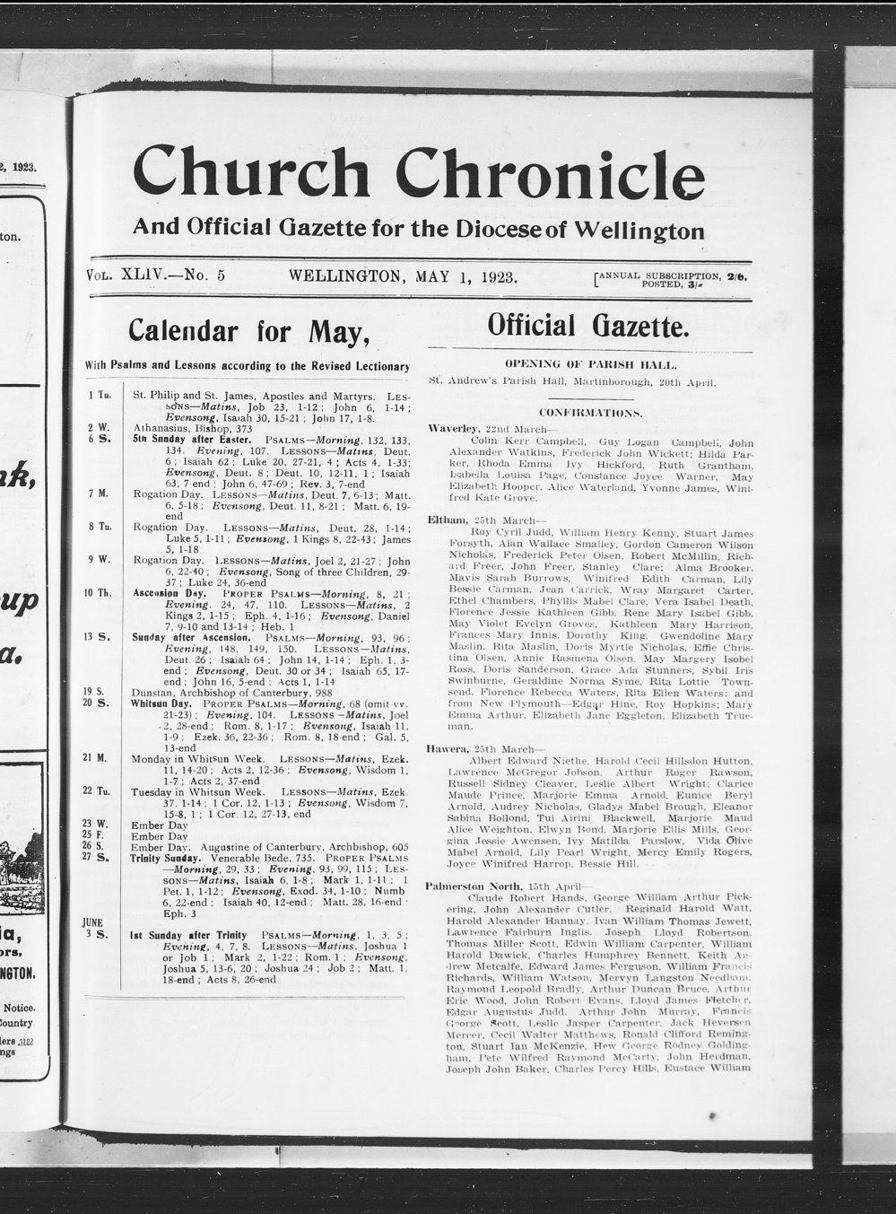 The Church Chronicle, Wellington: 1st May 1923