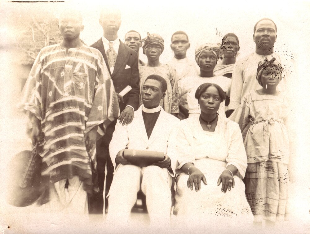 The Rev'd and Mrs Akingbehin and the school master Mr Imukode, Ora District West Africa