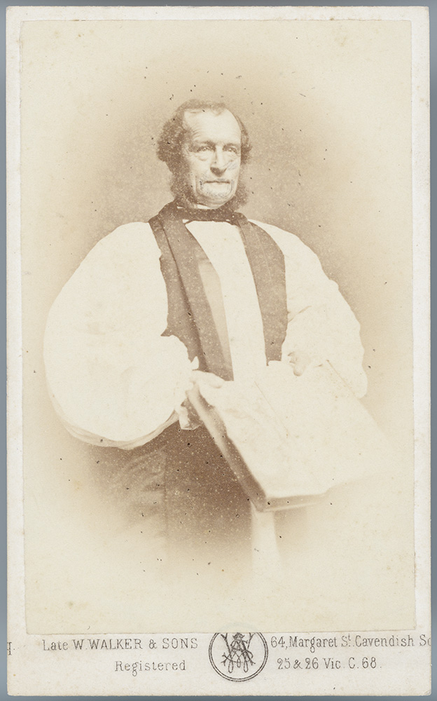 Bishop George Augustus Selwyn portrait, wearing episcopal robes and holding a book