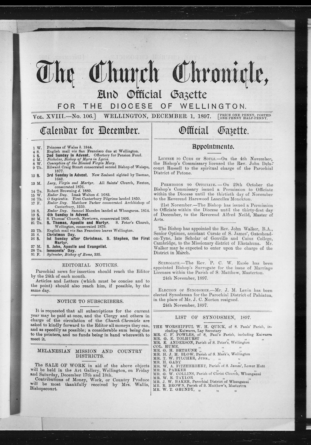 The Church Chronicle, Wellington: 1st December 1897