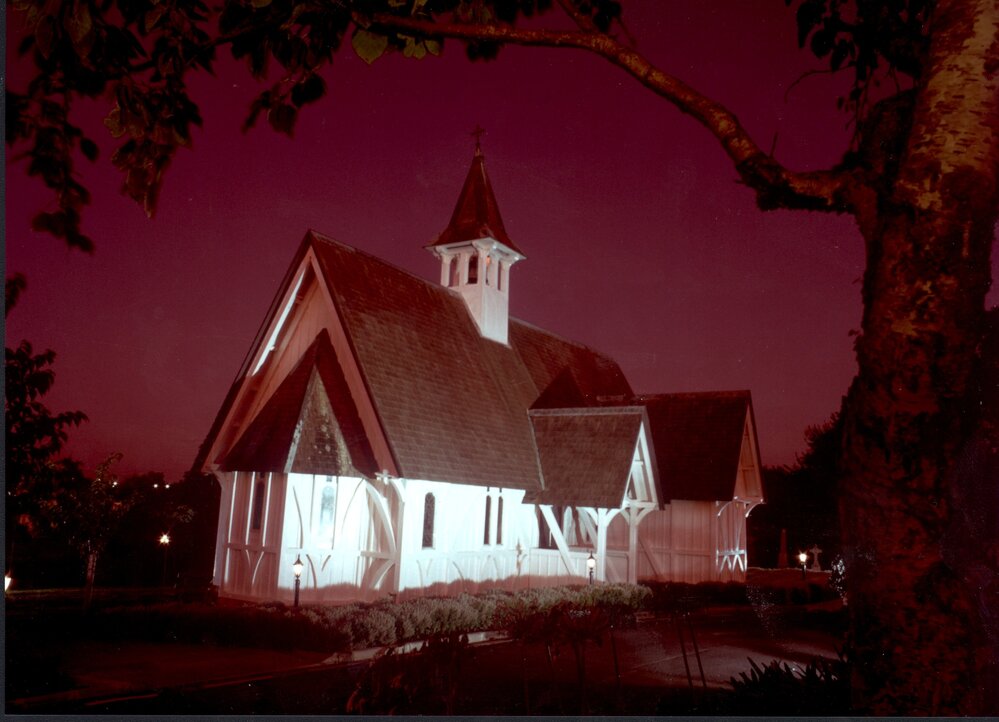 St. John's College chapel illuminated at night
