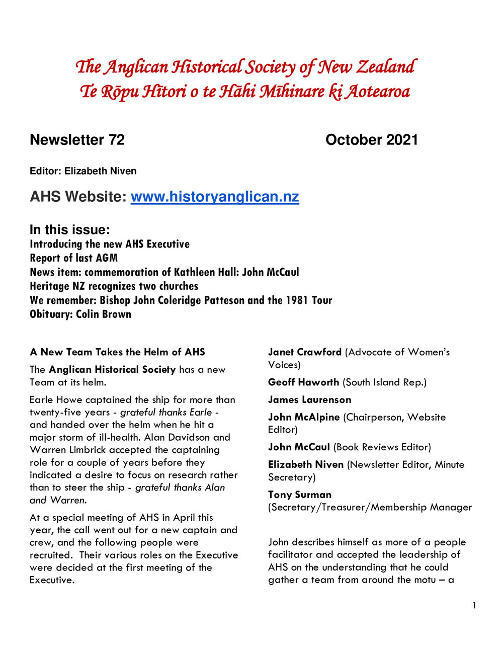 Anglican Historical Society October 2021 - Newsletter 72