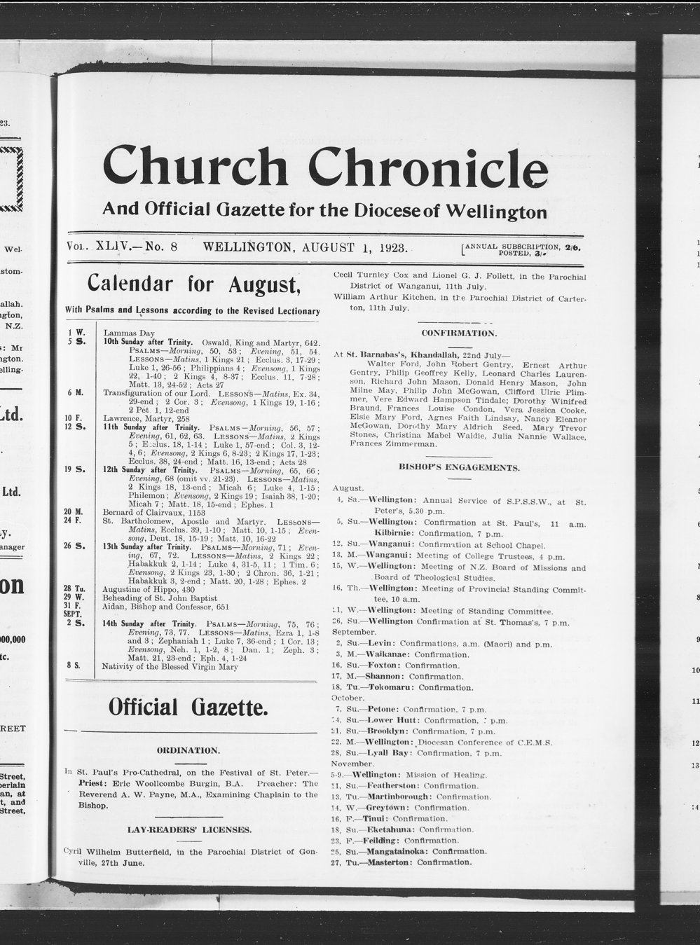 The Church Chronicle, Wellington: 1st August 1923