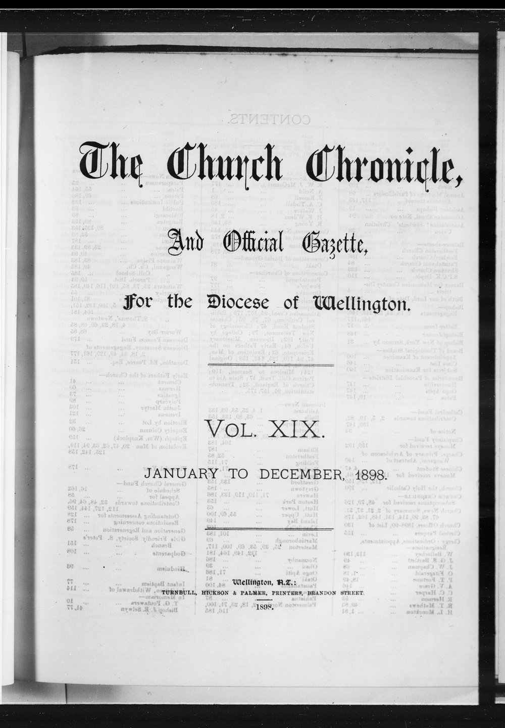 The Church Chronicle, Wellington: 1898 Contents