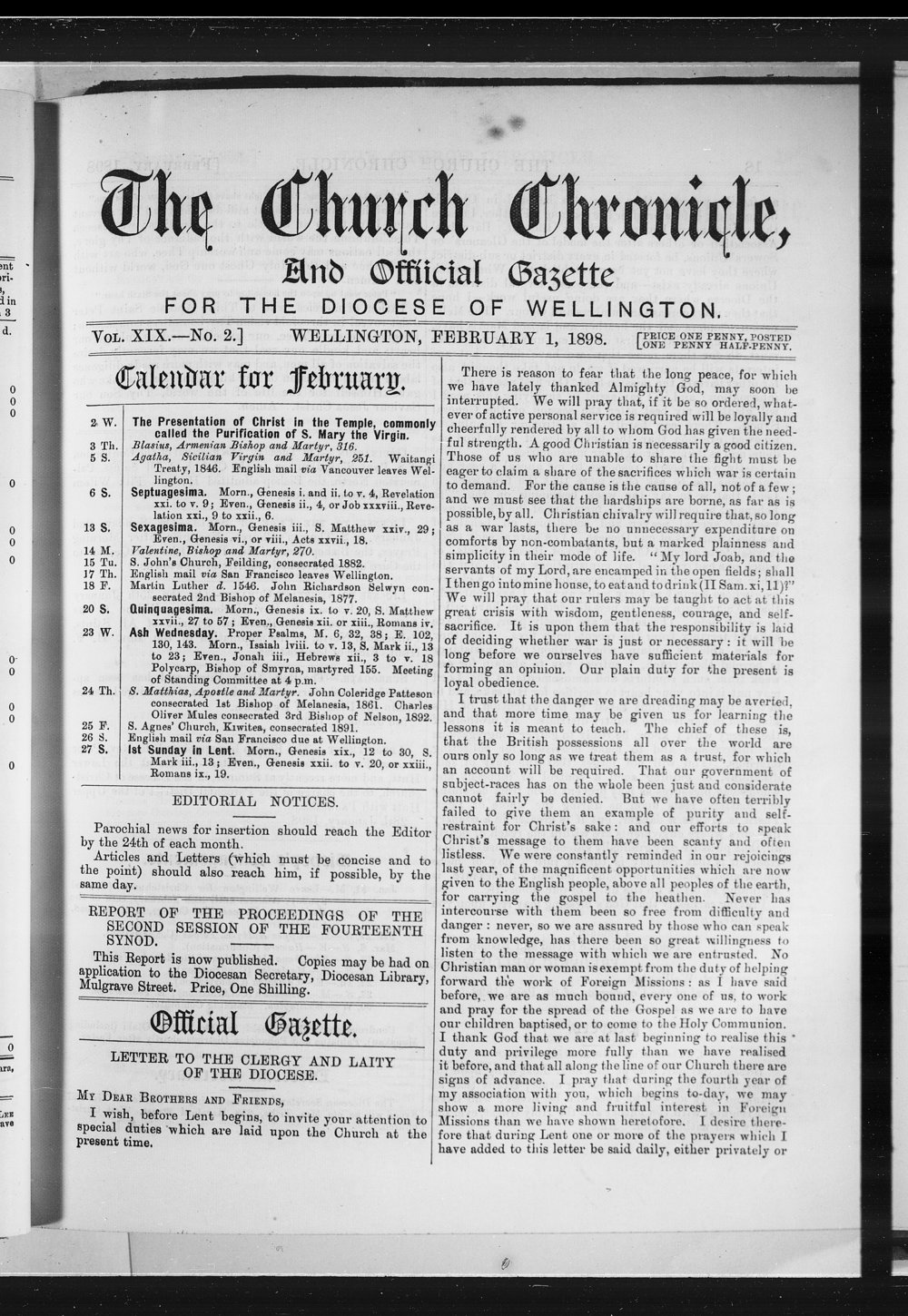 The Church Chronicle, Wellington: 1st February 1898