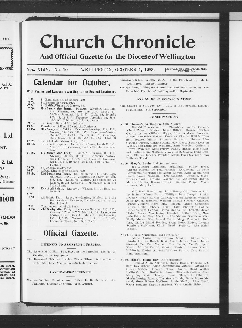 The Church Chronicle, Wellington: 1st October 1923