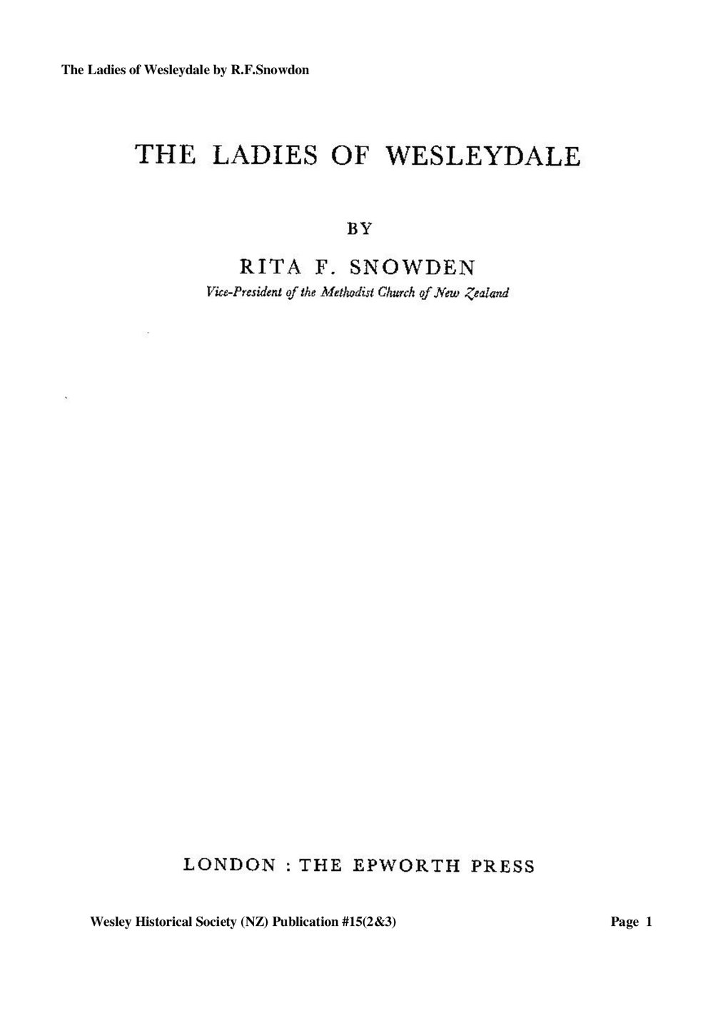 15 (2 &amp; 3) The Ladies of Wesleydale - Wesley Historical Society Proceedings