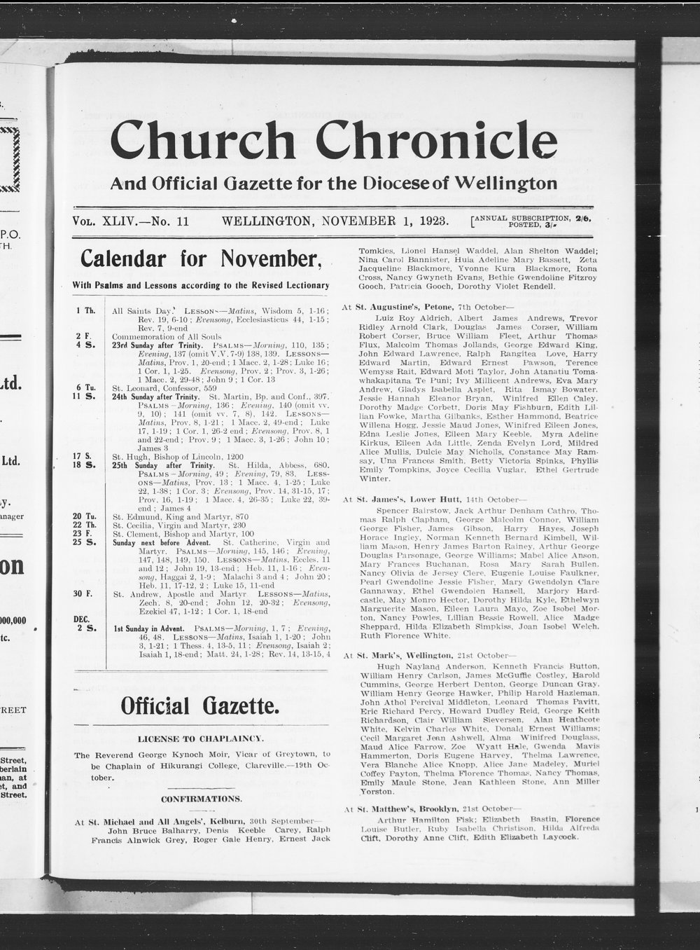The Church Chronicle, Wellington: 1st November 1923