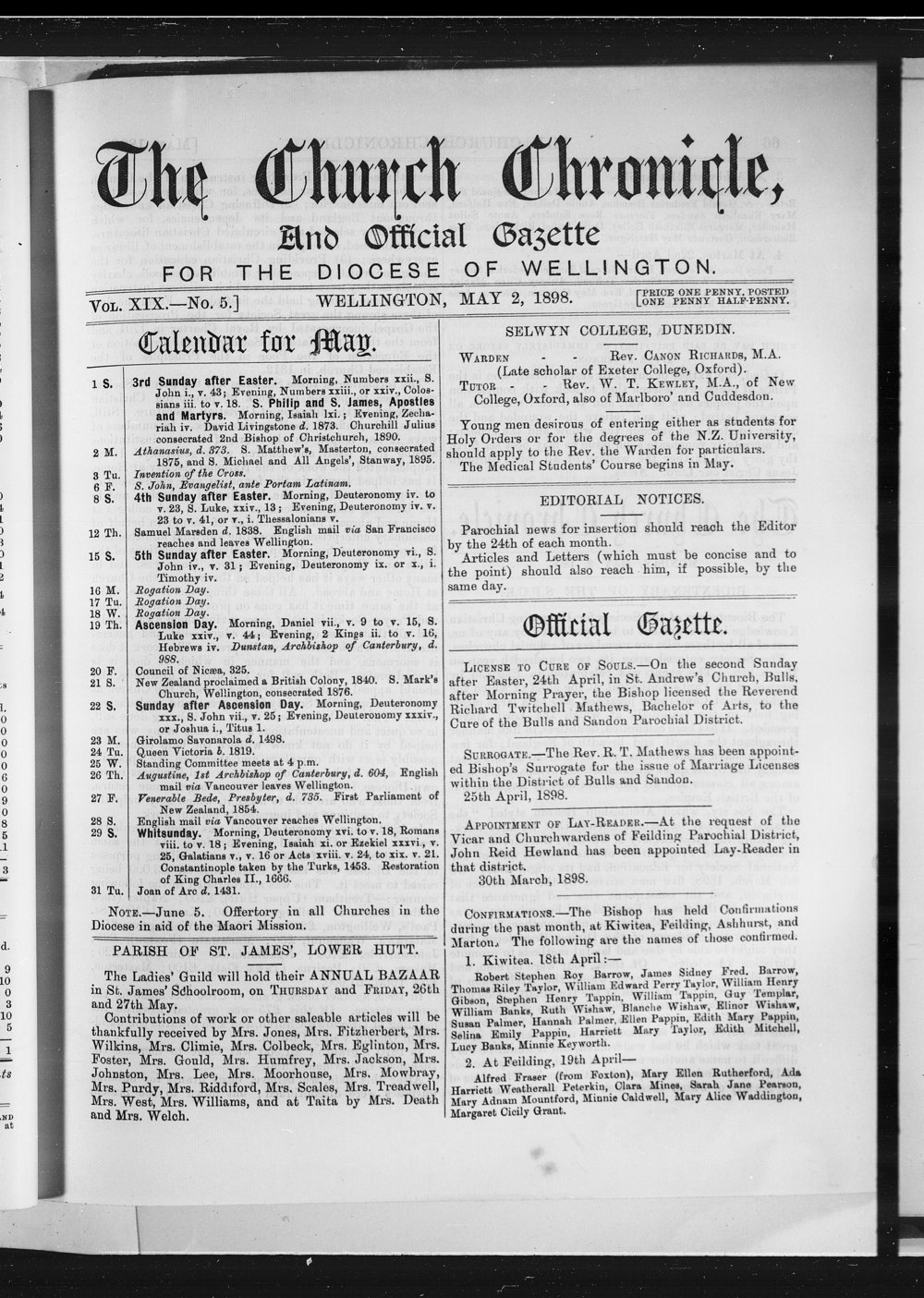 The Church Chronicle, Wellington: 2nd May 1898