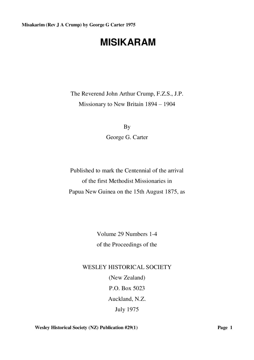 29 (1-4) MISIKARAM - Wesley Historical Society Proceedings