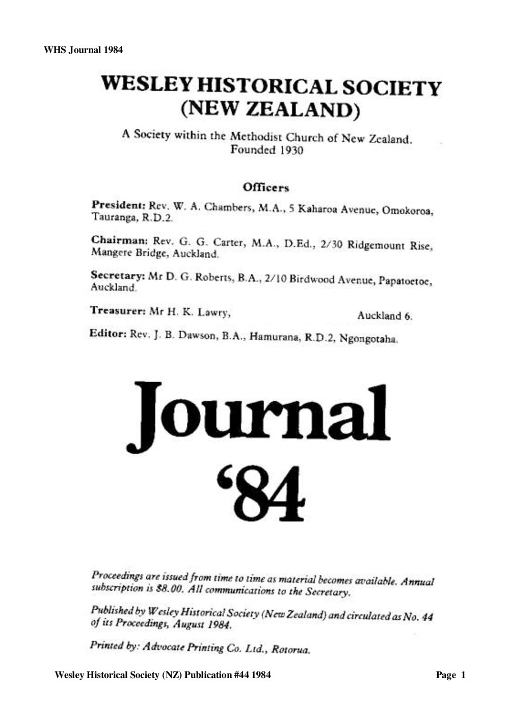44 Journal 1984 - Wesley Historical Society Proceedings