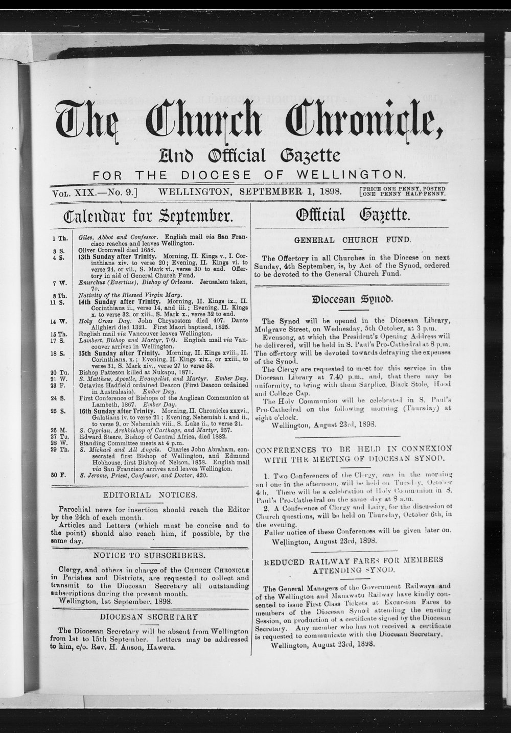 The Church Chronicle, Wellington: 1st September 1898